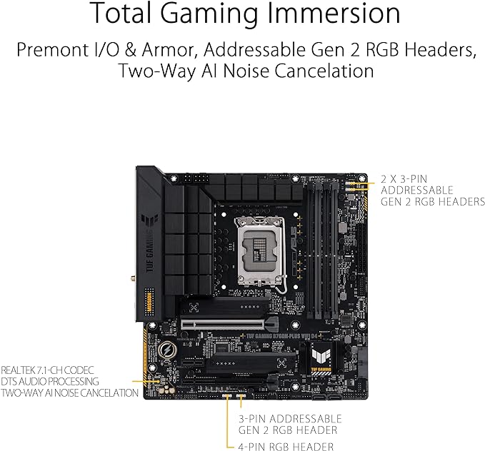 ASUS TUF GAMING B760M-PLUS WIFI D4 Intel(13th and 12th Gen)LGA 1700 mATX motherboard,PCIe 5.0,2xPCIe 4.0 M.2 slots,DDR4,WiFi 6,2.5Gb LAN,USB 3.2 Gen 2x2 Type-C,front USB 3.2 Type-C,Thunderbolt (USB4®) ASUS TUF GAMING B760M-PLUS WIFI D4 Intel(13th and 12th Gen)LGA 1700 mATX motherboard,PCIe 5.0,2xPCIe 4.0 M.2 slots,DDR4,WiFi 6,2.5Gb LAN,USB 3.2 Gen 2x2 Type-C,front USB 3.2 Type-C,Thunderbolt (USB4®)